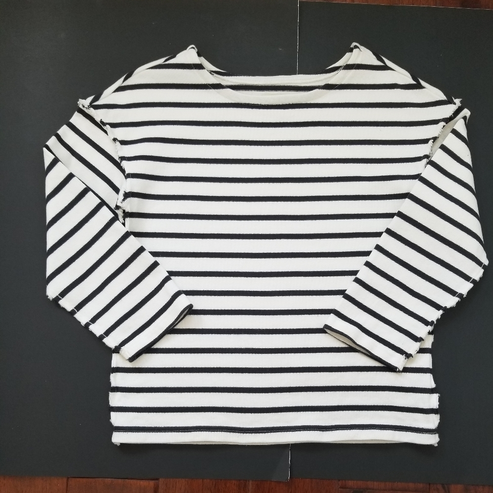 MADEWELL Striped Heavyweight Cotton Raw Edge 3/4 Sleeve Top - XS